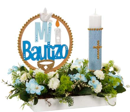Arreglo de mesa para bautizo con vela